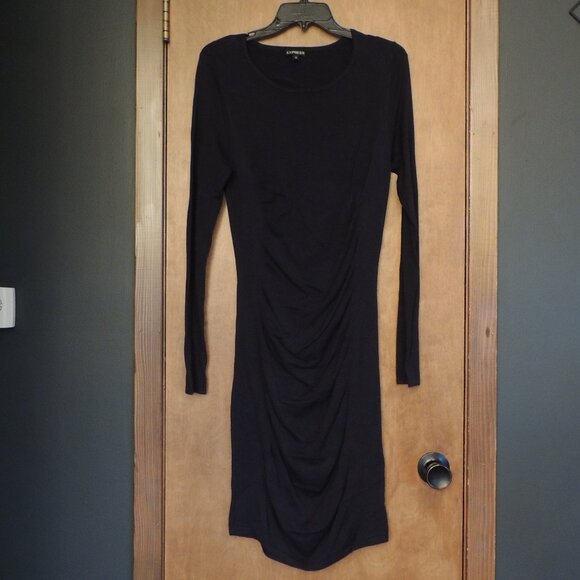 Express Black Ruched Bodycon Long Sleeve Dress Medium - Picture 1 of 7